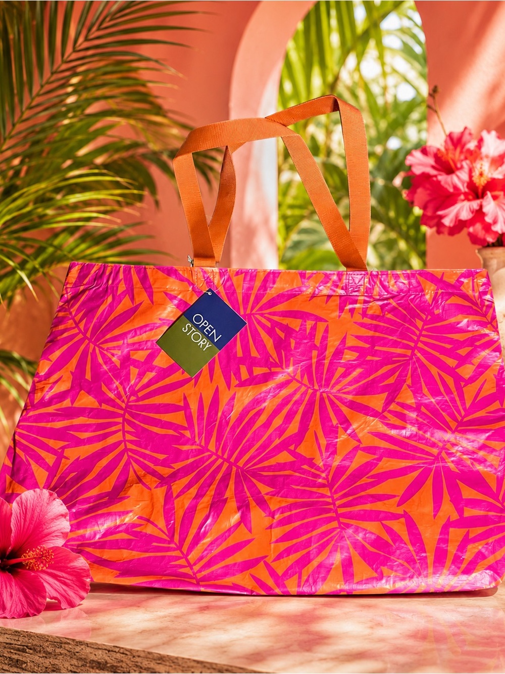 Open Story Water Resistant Reversible Tropical Pink & Orange Leaf Large Tote NWT